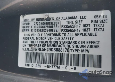 2013 Honda Odyssey Ex z USA, uszkodzony, nr VIN 5FNRL5H49DB088170